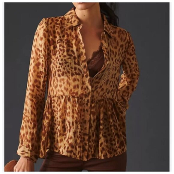 **Anthropologie** Blue Tassel Silk leopard print sheer button down blouse NWT Sm - Picture 1 of 6